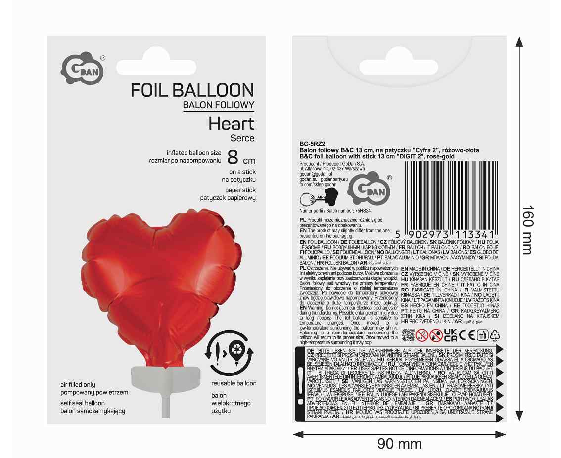 Foil balloon Heart on Stick, 8 cm, red